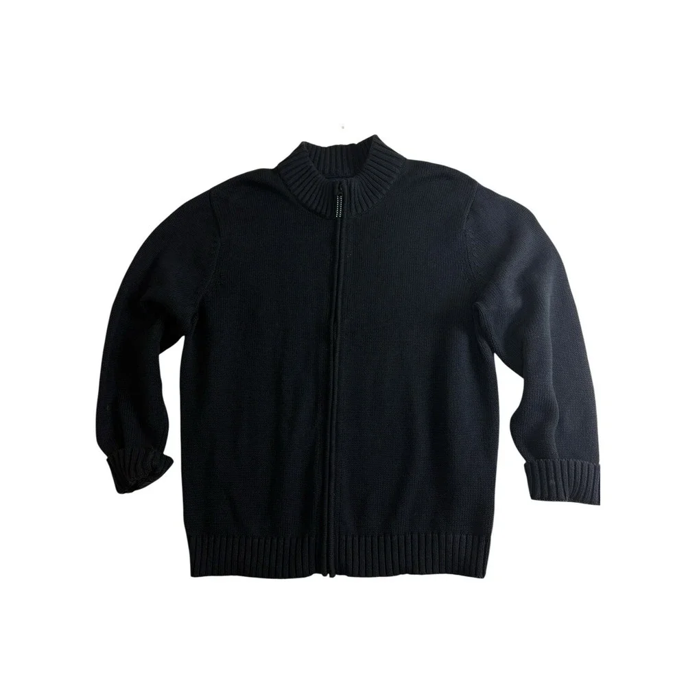 Lands End Cardigan Mens Size Large Navy Full Zip 100% Wool‎ Minimalist Classic